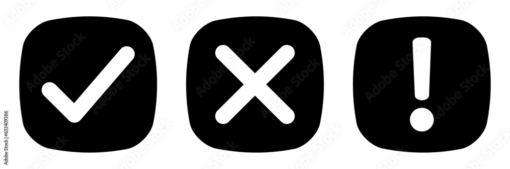 Aufkleber vector set of flat rounded square check mark, x mark icons, exclamation point. checkmark, exclamatio