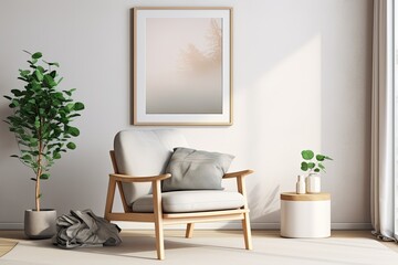 Scandinavian style mockup frame with chair and decor in living room.