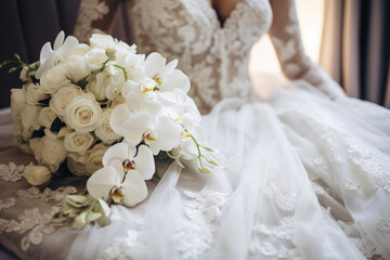 A bride in a wedding dress holds a bouquet of roses and orchids