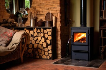 wood-burning stove with firewood nearby