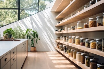 natural lighting illuminating a clean, minimalist pantry