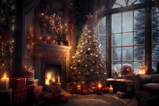 Christbaum in geschmücktem, behaglichen Wohnzimmer mit Blick durchs Fenster nach draußen Weihnachtliche Dekoration auf Tisch mit Kerzen und Laterne erstellt mit generativer KI