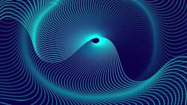 Glowing blue animated background, computer screensaver. Pattern of randomly plexus rays light, stripes, lines. Digital transmission. Neon tunnel. Data flow. Intro for presentations