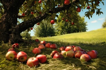 fallen apples on the grass beneath a tree
