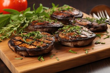 grilled portobello mushrooms on a board