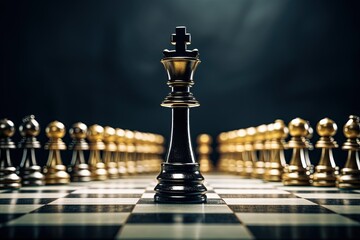 The black king winner is surrounded by a black gold chess piece. Generative AI.