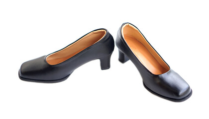 Black high heel shoes for woman, isolated on white background.Concept, formal and polite footwears for office workers, students or teachers to wear shoes in school or university. Polite uniform.      