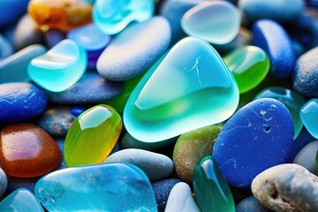 Colorful gemstones on a beach. Generative AI.
