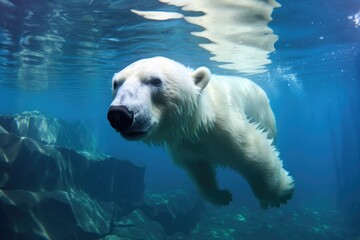 polar bear swimming underwater in clear blue ice - Powered by Adobe