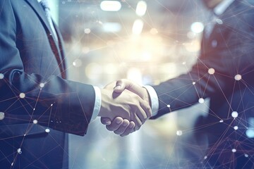 Double exposure image of investor business man handshake. Generative AI.