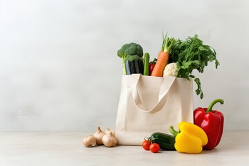 Eco-friendly reusable shopping bag with fresh vegetables. Generative AI.