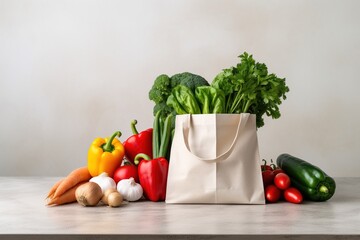 Fresh vegetables on a wooden table. Generative AI.