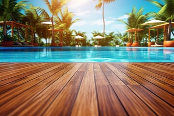 Swimming pool in the resort background. Generative AI.