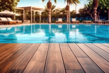 Empty wooden surface with summer travel hotel swimming pool. Generative AI.