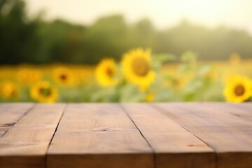 Picture an empty wooden table boldly standing in the center of a magnificent sunflower field during summertime. Generative AI. - obrazy, fototapety, plakaty