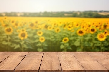 Empty wooden table in the sunflower field in summertime. Generative AI.