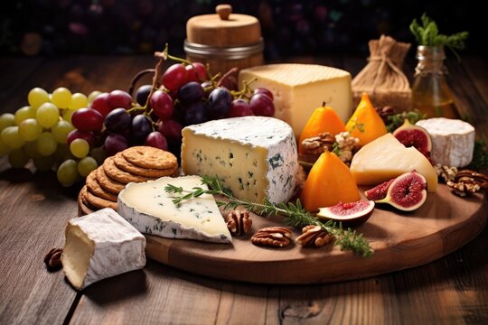 assorted cheeses on rustic wooden board