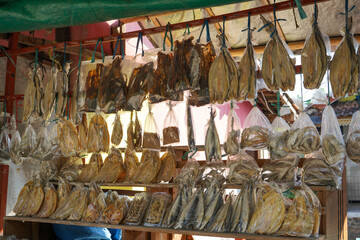 Salted fish, such as kippered herring or dried and salted cod, is fish cured with dry salt and thus preserved for later eating. Drying or salting, either with dry salt or with brine.