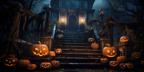 Smiling pumpkin at night background. Halloween concept. Generative ai.