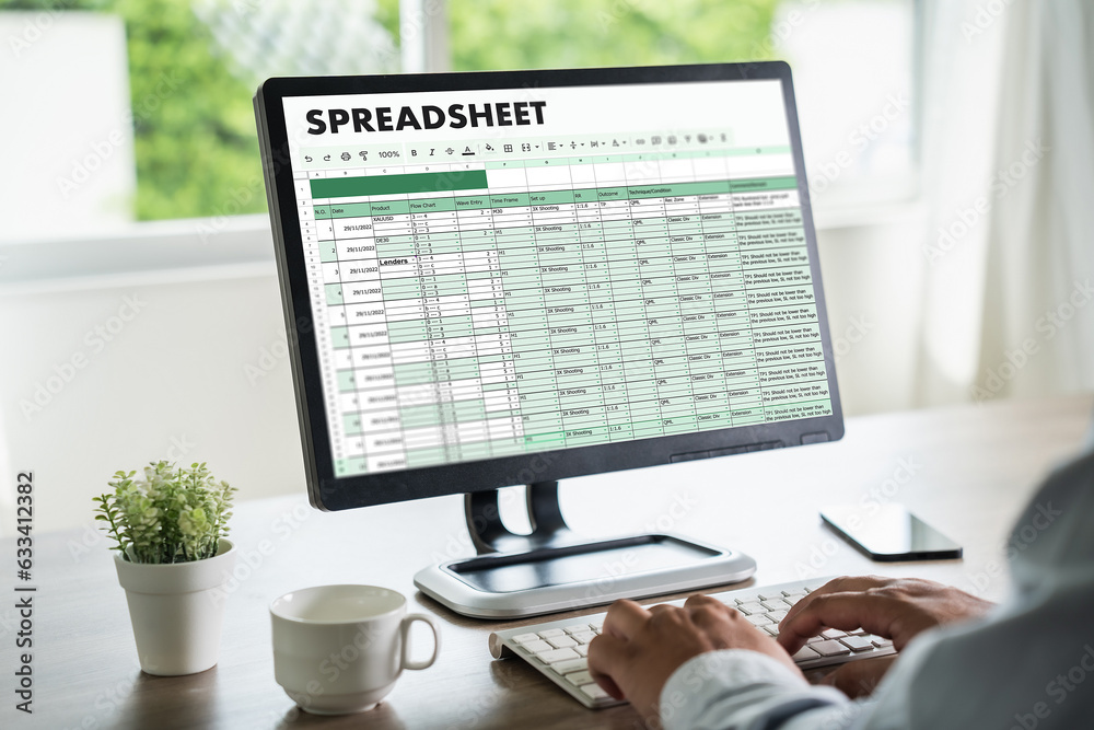 Poster businessman working with data and graphs in spreadsheet documents for online analysis microsoft exce