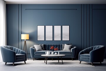Spacious, modern living room with gray walls, a vibrant blue navy sofa, and two armchairs. Mockup interior design. .