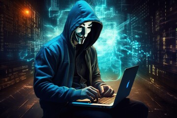 Hacker working on laptop. Generative AI.