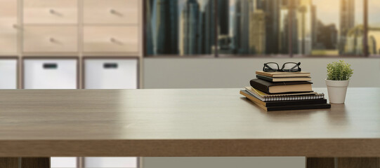 business office desk modern with books and documents copy space workplace in blurred study room home office workspace interior minimal furniture indoor