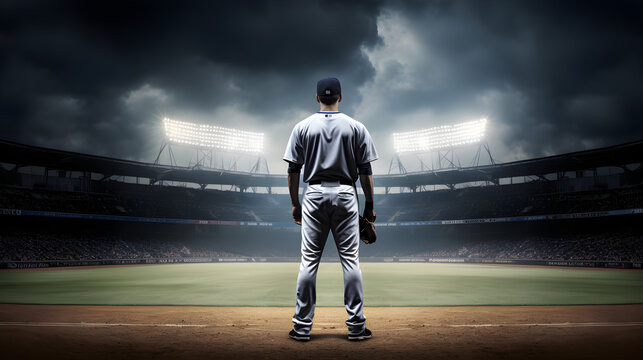 baseball player standing ready in the middle of baseball arena stadium with copyspace area - Generative AI