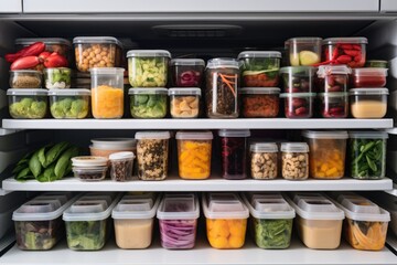 organized fridge with labeled meal prep containers and ingredients