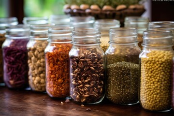 close-up of heritage seeds in glass jars