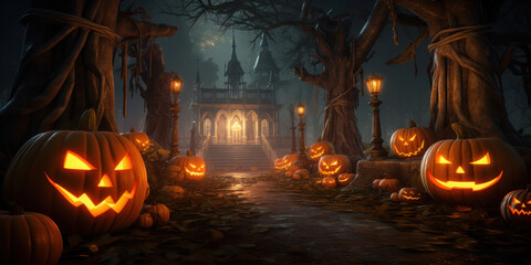 Smiling pumpkin at night background. Halloween concept. Generative ai.