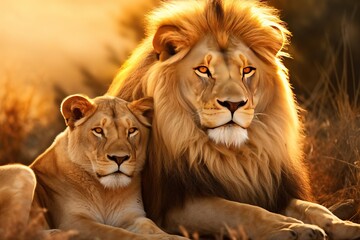 Lion and lioness in zoo. Generative AI.