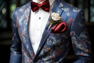 bow tie and pocket square on elegant suit jacket