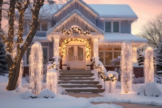 Snow-covered Outdoor Holiday Lights Display