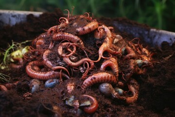 close-up of worms in compost pile, decomposing organic matter