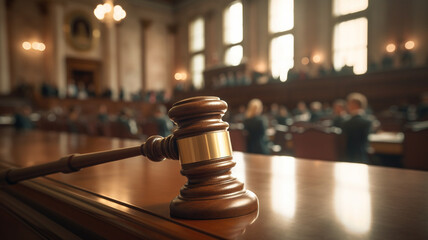 law concept, gavel and judge on wooden background in the courtroom - obrazy, fototapety, plakaty