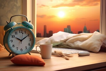 alarm clock on workspace desk with office supplies and laptop