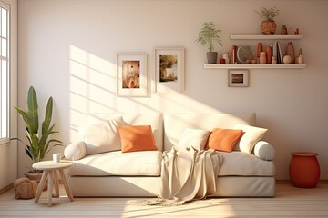 A living room with a white wall is decorated with a sofa and various decorations in a rendered image.