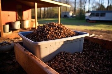 worm castings collected in a container beside the farm
