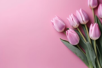 Pink tulips on a table. Generative AI.