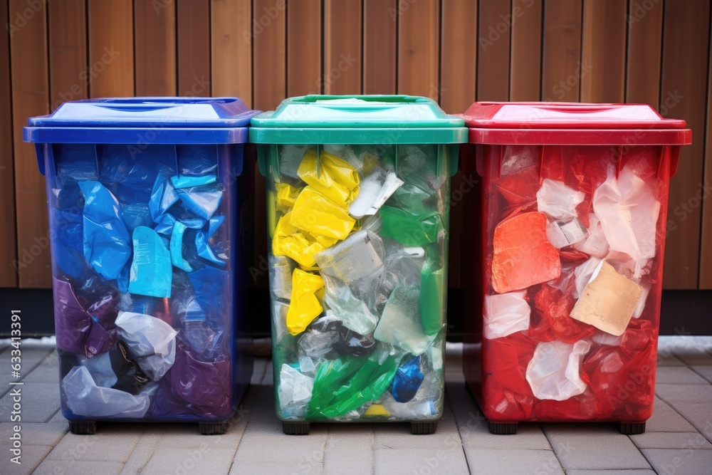 Wall mural color-coded recycling bins for paper, plastic, and glass