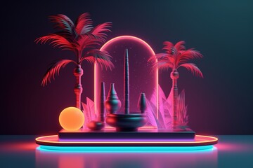 Summer neon scene with a podium for product display. Generative AI.