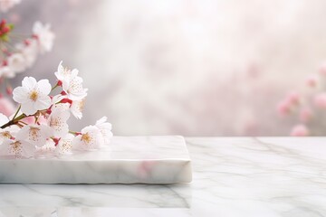 Obraz na płótnie Canvas white marble and adorned with beautiful Sakura cherry blossoms. Generative AI.