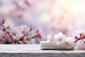 White marble stone table top with Sakura cherry blossoms. Generative AI.
