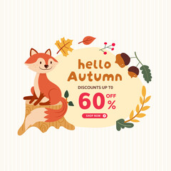 hello autumn season sale banner with autumn elements. illustration, vector, shopping, flash sale and big sale