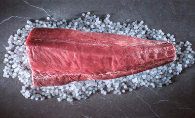 Bluefin tuna loin on a cement and coarse salt base