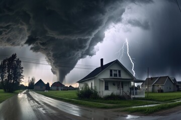 wide angle of tornado with dramatic storm clouds overhead