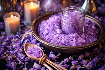 Obraz na płótnie Canvas close-up of lavender bath salts with candles