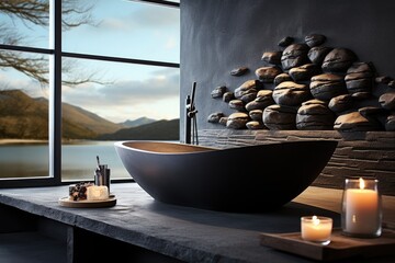 zen stones stacked by a tranquil bathtub