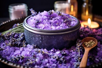 close-up of lavender bath salts with candles